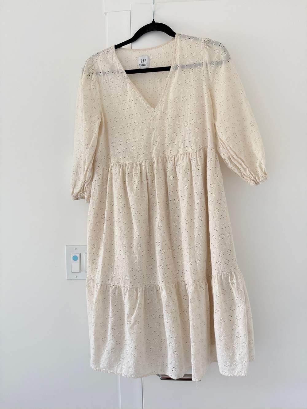 GAP Cream Eyelet maternity Midi Dress with Puff Sleeves